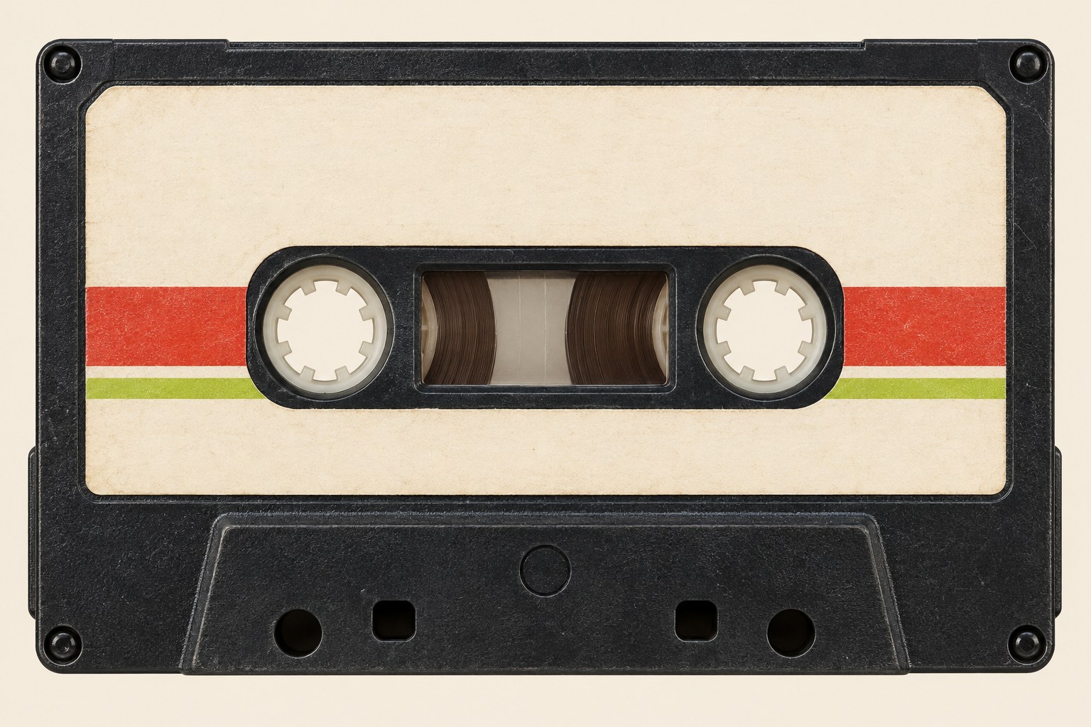 Cassette de estilo retro con etiqueta crema, franja roja y detalle lima